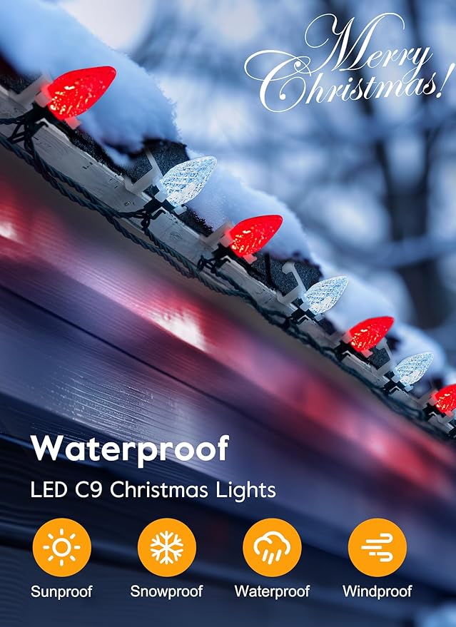 C9 Led Christmas String Lights, 68 Ft 100 LED Strawberry Roof Lights with 100 All in One Clips, Commercial Grade Waterproof Extendable for Indoor Outdoor Roofline Home Xmas Decor, Red & Pure White