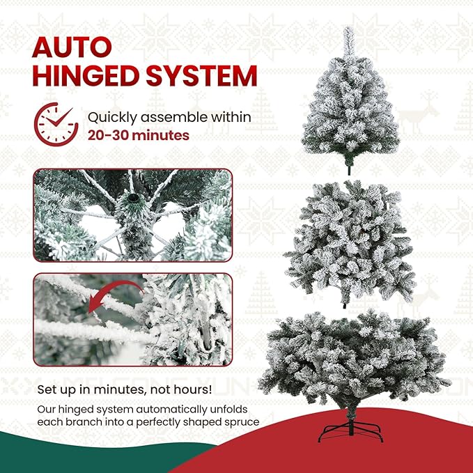 Beyond 6FT Snow Flocked Artificial Full Christmas Tree, Hinged Spruce Christmas Tree with 1100 Branch Tips, Xmas Tree with Metal Stand for Home, Party Decoration, White