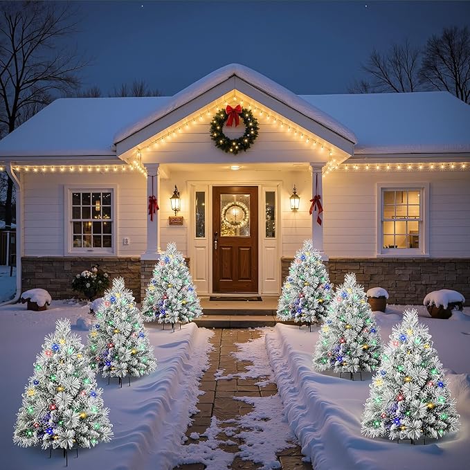 Set of 1 30 Inch Lighted Flocked Outdoor Christmas Tree with Multi-Color Lights, Timer, Battery Operated Pre-lit Scotch Pine Pathway Urn Filler with Pine Cones for Pathway & Porch& Yard Decorations