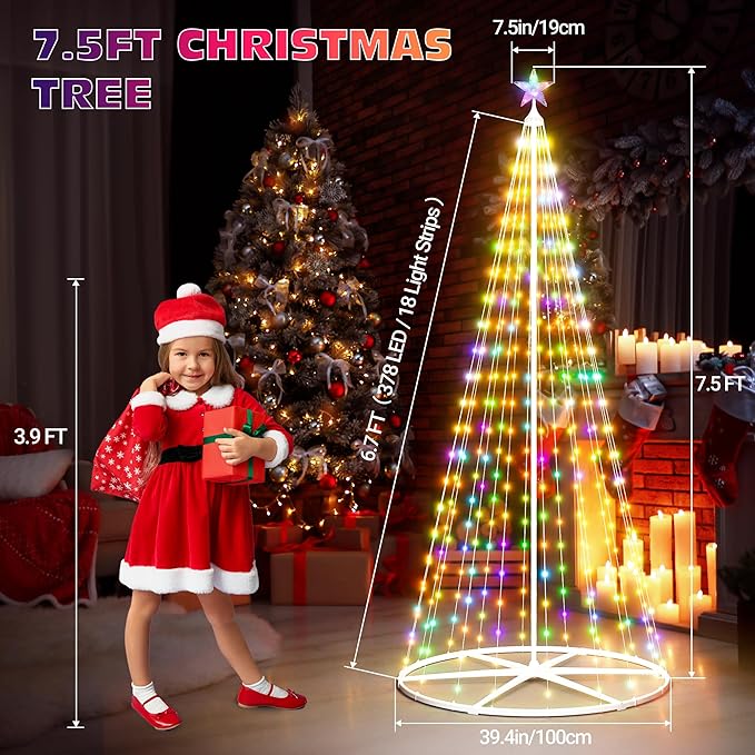 7.5FT Smart Cone Christmas Tree, Multicolor Prelit Outdoor Christmas Tree Lights with Star, Music Sync, App & Remote Control, LED Light Show Tree for Indoor Outdoor Decorations