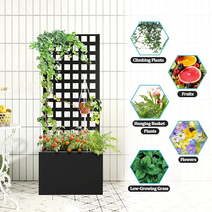 Metal Planter Box with Trellis, Planter Box with Privacy Screen, Privacy Trellis Outdoor for Climbing Plants with Drainage Holes, Raised Garden Bed for Vegetables