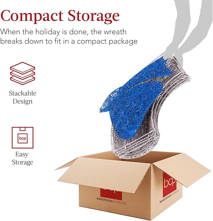 Best Choice Products 60in Pre-Lit Outdoor Christmas Wreath Decoration, LED Metal Holiday Decor for Home Exterior, Garden w/ 206 Lights, Bow - Hanukkah Silver/Blue