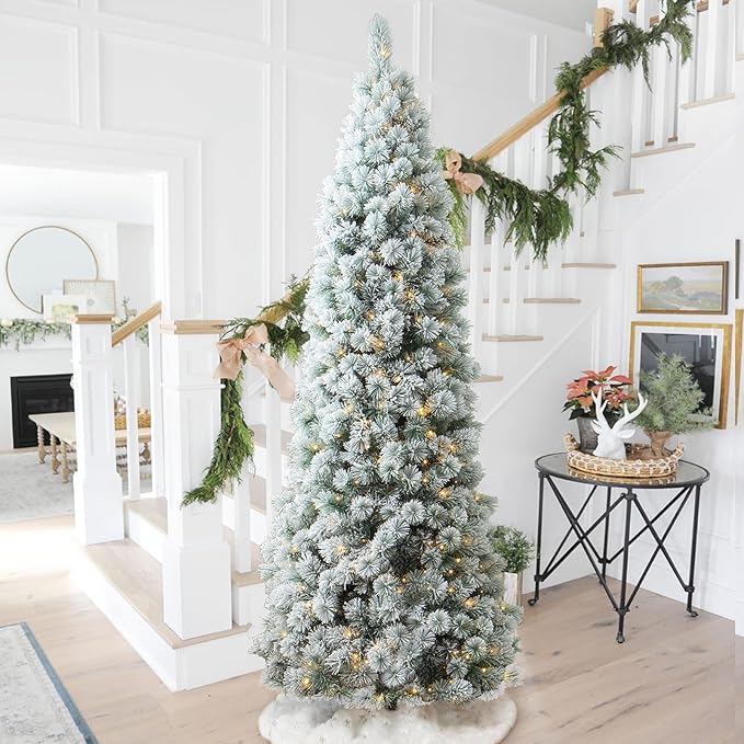 Glitzhome 9ft Pre-Lit Flocked Pencil Pine Artificial Christmas Tree with 500 Warm White Lights and Foldable Metal Stand for Home, Office, Party Decoration, Easy Assembly