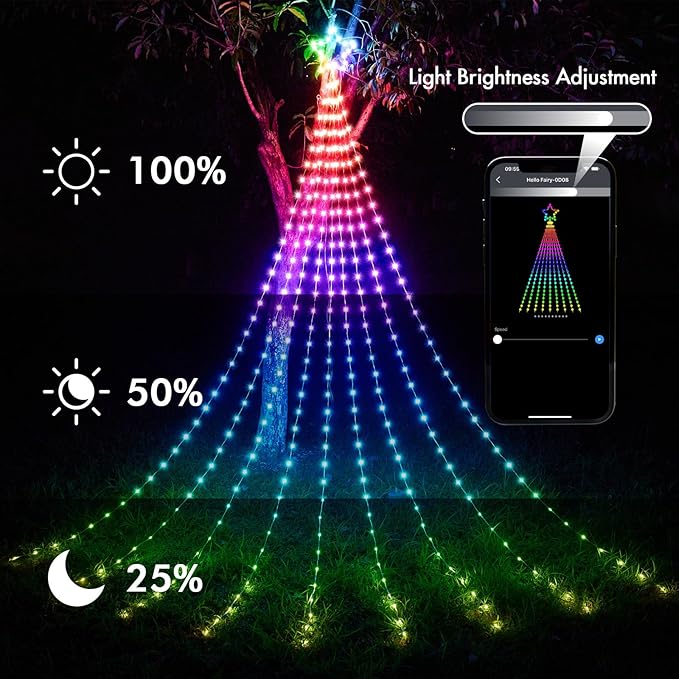 Outdoor Christmas Decorations, 11.8FT RGB Color Changing Christmas Hanging Waterfall String Lights with Star, APP Remote Control, DIY Multi-Color Lightshow, Music Sync, Xmas New Year Decor