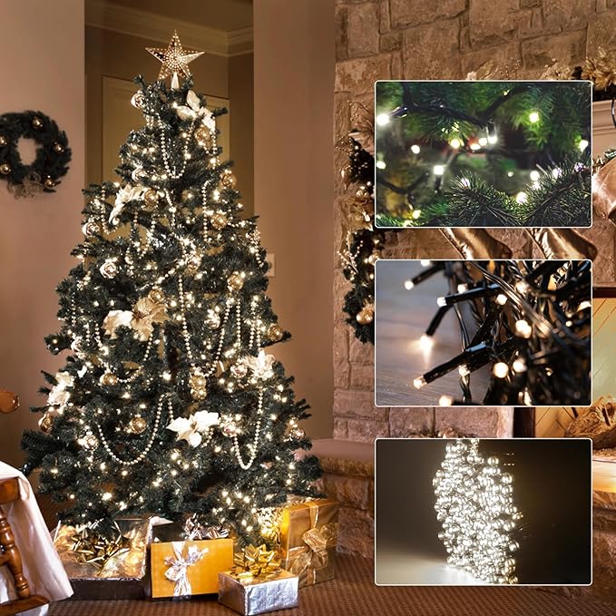 VIL Christmas Tree Lights with Ring,9.9Ft 16 Line 544 LED Green Wire Fairy Waterfall String Lights Plug in,Icicle Twinkle Lights with 8 Lighting Modes for Indoor Outdoor Xmas Tree(Cool White)