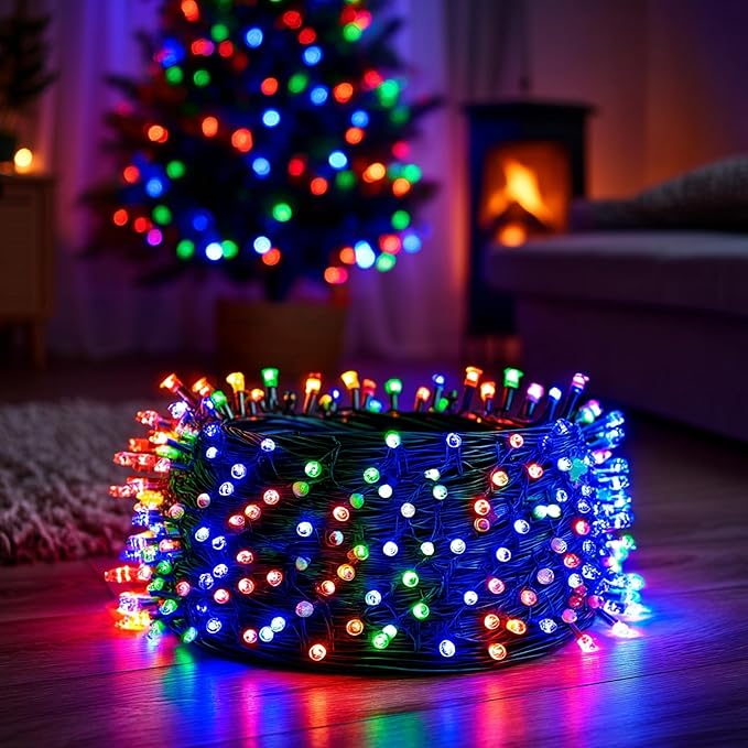 Dazzle Bright Christmas String Lights, 600 LED 196 FT Waterproof Green Wire String Lights with 8 Lighting Modes Timer, Christmas Decoration Outdoor for Party Yard Garden Xmas Tree Decor, Multi-colored