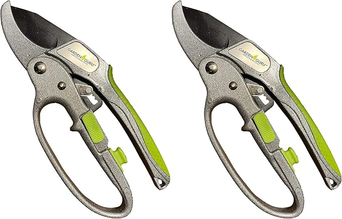 Garden Guru Ratchet Pruning Shears - Professional Garden Clippers with Ergonomic Grip and Brush - Makes Tough Cuts Easy (2 Pack)