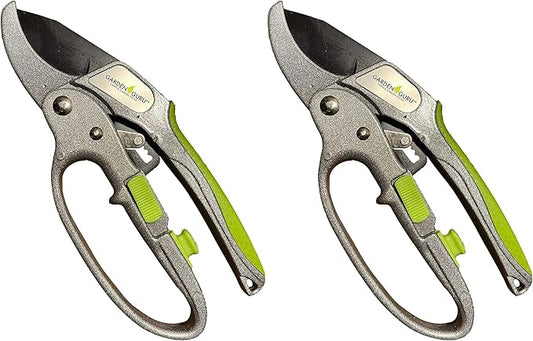Garden Guru Ratchet Pruning Shears - Professional Garden Clippers with Ergonomic Grip and Brush - Makes Tough Cuts Easy (2 Pack)