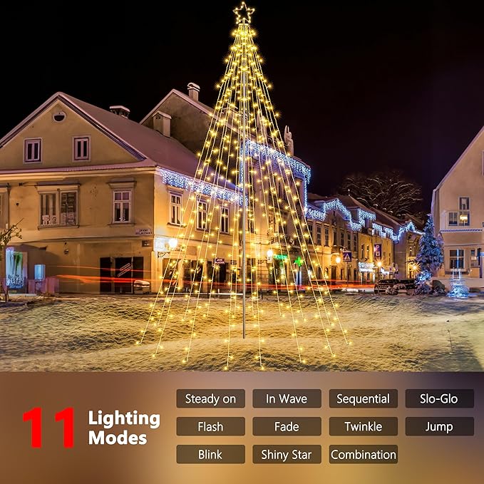 Lomotech Christmas Tree Lights - 10Ft 404 LED with 7.08" Topper, Remote Controll Waterproof Iron Pole Waterfall Lights for Outdoor Christmas Decorations (Warm White)