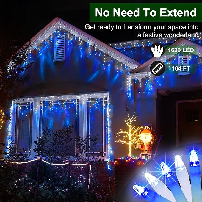 1620 LED Christmas Lights with 360 Drops,164ft 8 Modes Fairy Lights with Timer Waterproof, Plug-in Hanging Icicle String Lights for Outdoor Holiday Wedding Party Christmas Decor Blue & CoolWhite