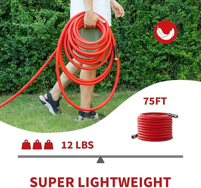 Garden Hose 75 ft x 5/8” Hot Water Hose,-50°F to 190°F, Burst 600Psi Flexible & Lightweight Upgraded Rubber Hoses,3/4” Solid Fittings for All-weather Outdoor Lawn & Garden
