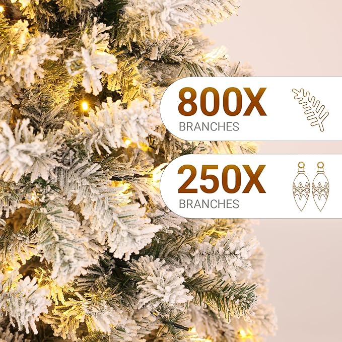 6FT Flocked Green Artificial Christmas Tree with 250 Warm White LED Lights – Pre-Lit Snow Tipped Full Tree for Indoor Holiday Home, Apartment, Living Room, Office, Winter Décor