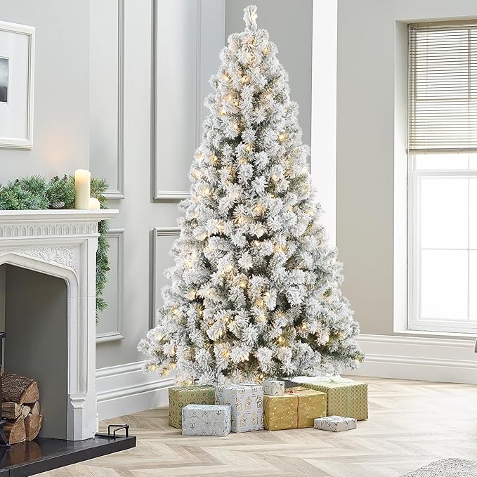 7.5ft Flocked Christmas Tree Prelit, Frosted Artificial Christmastree with 420 Warm White Lights, 1321 Snowy Branch Tips - Ideal for Home, Office, Party, or Holiday Decor