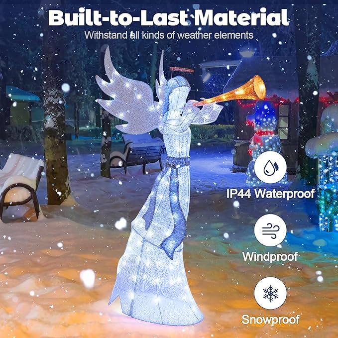 Tangkula 5 FT Christmas Angel with Trumpet, Outdoor Xmas Pre-Lit Angel with Halo, Wings & 100 LED Lights, Ground Stakes & Zip Ties Included, Lighted Winged Holiday Figure for Home, Yard
