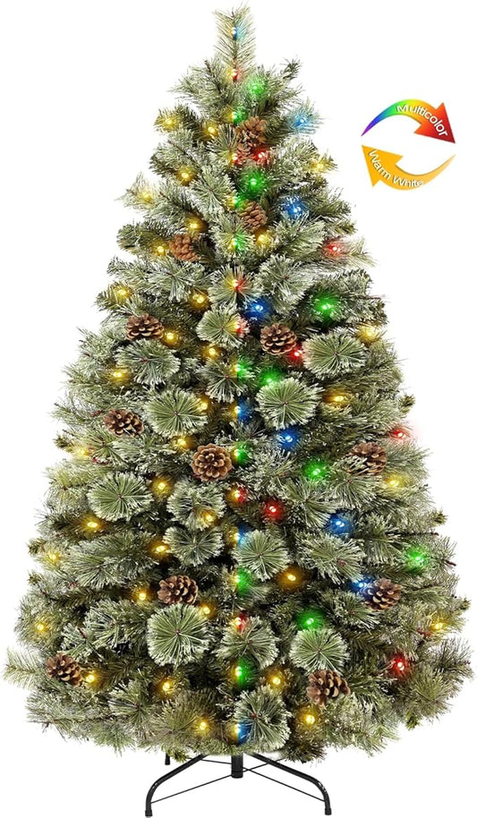 4.5 Ft Full Christmas Tree with Warm White&Color Lights, Frosted Smoky Pine,Pine Cones, 150 LEDs, Timer, Small Xmas Tree Decoration for Home, Tabletop, Office, Indoor, Outdoor, Metal Hinges Stand