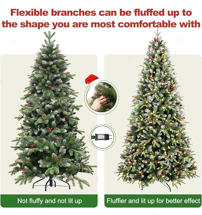 8Ft Pre-Lit Artificial Christmas Tree Fully Pre-Decorated with 2850 Flocked Frosted Tips, 91 Berries, 91 Pine Cones, 600 Lights, Realistic Xmas Tree with Metal Hinges& Floded Stand
