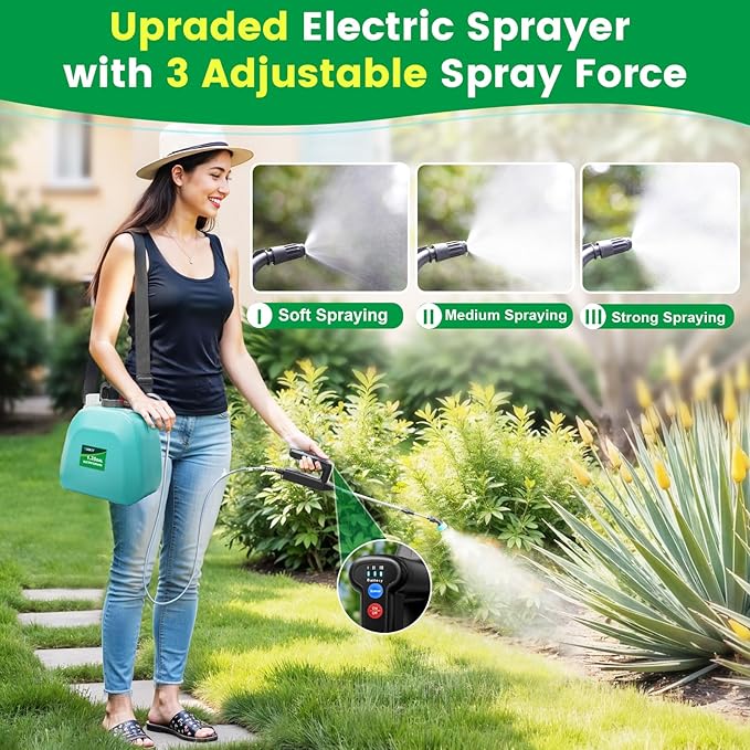 VAXMAY Battery Powered 1.35 Gallon Electric Sprayer, 3 Speeds, 4 Nozzles, Rechargeable, Green, Garden & Lawn