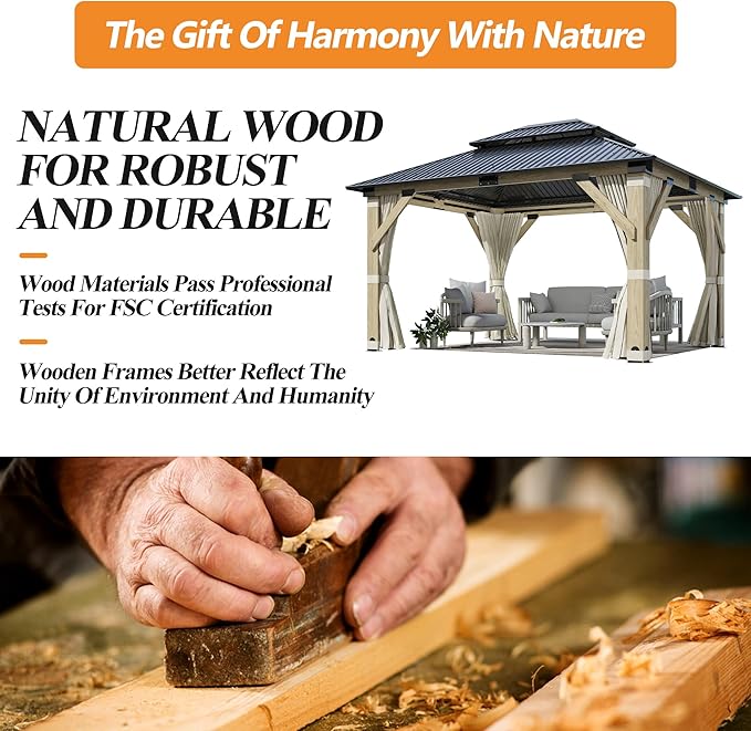 GARTOO 11’x13’ Outdoor Wooden Gazebo, Patio Galvanized Steel Wood Gazebo with Privacy Curtains and Netting, Vented Double Roof Hardtop Pavilion for Garden, Porch, Lawn, Poolside, Backyard, Deck