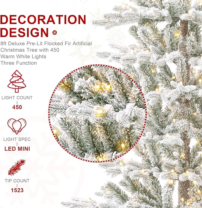 Glitzhome 8ft Deluxe Pre-Lit Flocked Artificial Christmas Tree, Majestic Frostfall Fir Hinged Holiday Xmas Tree with 450 Warm White Lights, Three Function, Easy Assembly