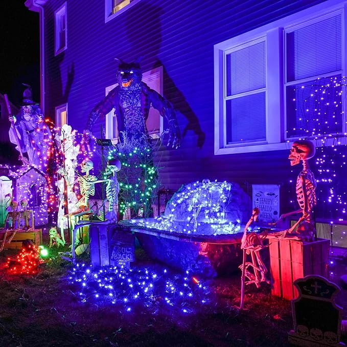 JMEXSUSS 250 LED Blue Halloween Lights: 91.5ft Extendable Green Wire Blue Christmas Lights Indoor Outdoor Waterproof with 8 Modes for Christmas Tree, Garden, Patio, Party, Holiday Decorations