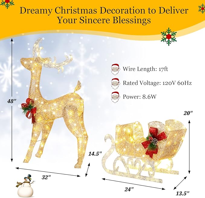 Tangkula 4.7 FT Lighted Christmas Reindeer & Sleigh, Xmas Lighted Outdoor Decoration with 100 Warm Lights, 8 Ground Stakes, 30 Cable Ties, Light-up Santa Sleigh & Reindeer for Yard, Home