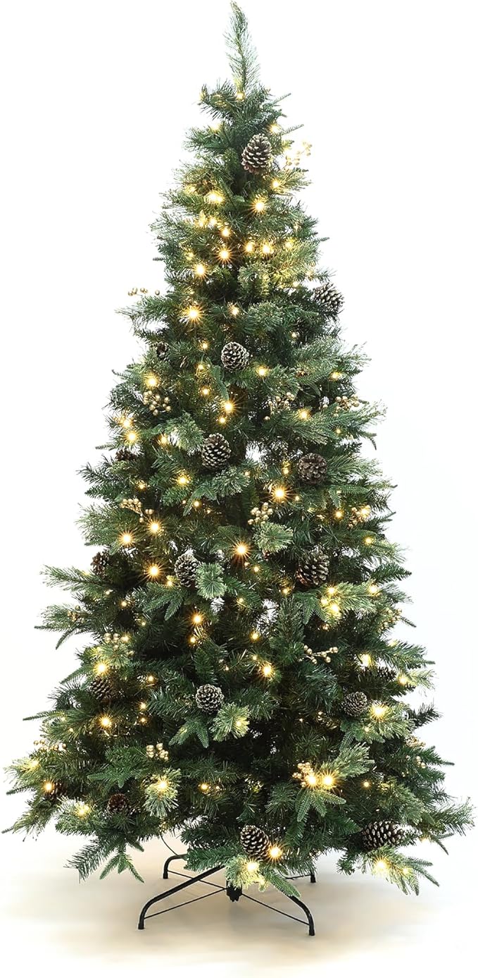 LuxenHome 7.5FT Prelit Christmas Tree with Lights, Slim Artificial Christmas Tree with 350 LED Lights and Pine Cone, 1247 PE+PVC Branch Tips, Plug-in Prelit Pine Tree Indoor, Outdoor Holiday Décor