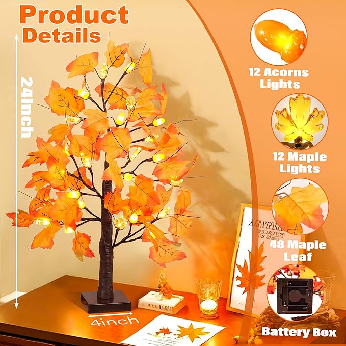 2 Pack 24 Inch Artificial Lighted Maple Tree with 48 LEDs Timer Fall Thanksgiving Decorations Battery Operated Prelit Acorn Maple Tree Lights for Thanksgiving Table Decor Home Indoor Autumn Harvest
