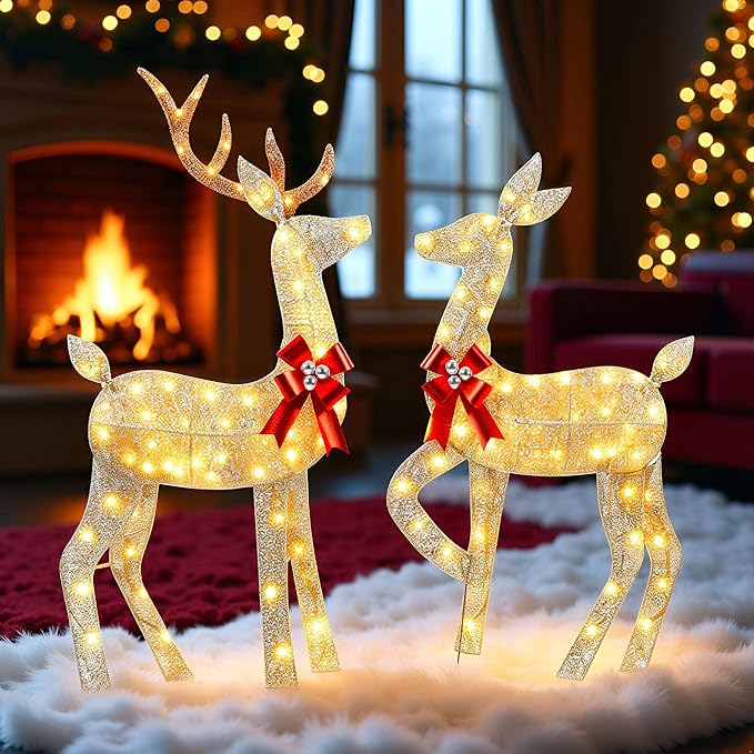 YULETIME 3-Piece Pre-lit 2D Christmas Reindeer Family, Lighted Glitter Christmas Deer Holiday Decoration with Warm White LED Lights