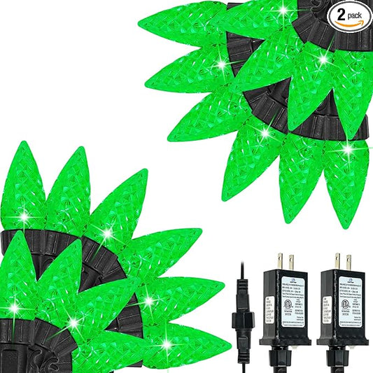 2 Pack C6 Halloween Lights Outdoor Indoor, Total 200 LED 66 FT Connectable Christmas String Lights with Timer & 13 Modes, Waterproof Twinkle Light for Porches Tree Horror Party Decorations (Green)