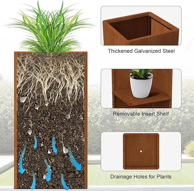 28 Inch Co rten Steel Planter-Modern Square Metal Outdoor Planters for Front Porch, Patio & Garden -Large Tall Planters (14" L X 14" L X 28" H)