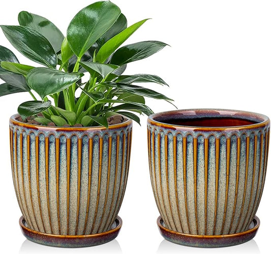 Oairse Ceramic Pots for Indoor Plants, 5.7 inch Pots for Plants Set of 2 Brown Planters with Drainage Holes and Saucers Texture Ceramic Planters Indoor Outdoor for Succulent