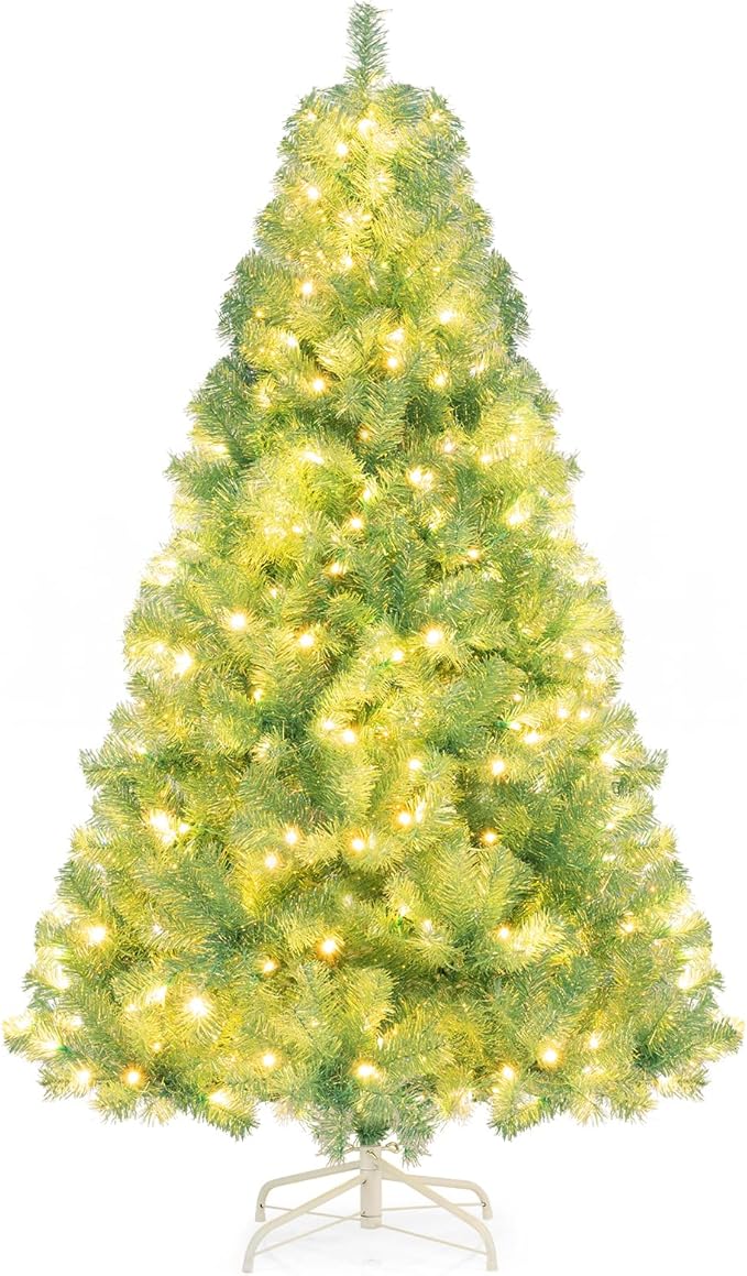 Goplus 6 FT Pre-Lit Tinsel Christmas Tree, Artificial Hinged Xmas Tree with 250 Warm White LED Lights, 8 Modes, 688 Lush Branch Tips, Metal Stand, Home Office Seasonal Holiday Decoration, Green