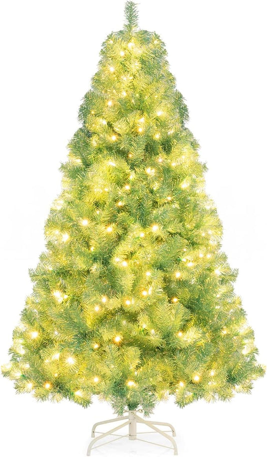 Goplus 6 FT Pre-Lit Tinsel Christmas Tree, Artificial Hinged Xmas Tree with 250 Warm White LED Lights, 8 Modes, 688 Lush Branch Tips, Metal Stand, Home Office Seasonal Holiday Decoration, Green