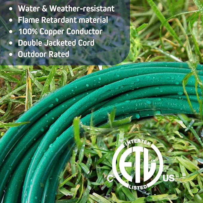 50FT Green Outdoor Extension Cord, Evenly Spaced 6 Outlets Plugs with Waterproof Cover, 16/3 SJTW Weatherproof Multiple Outlets Wire for Holiday Light and Halloween Christmas Decoration, ETL Listed