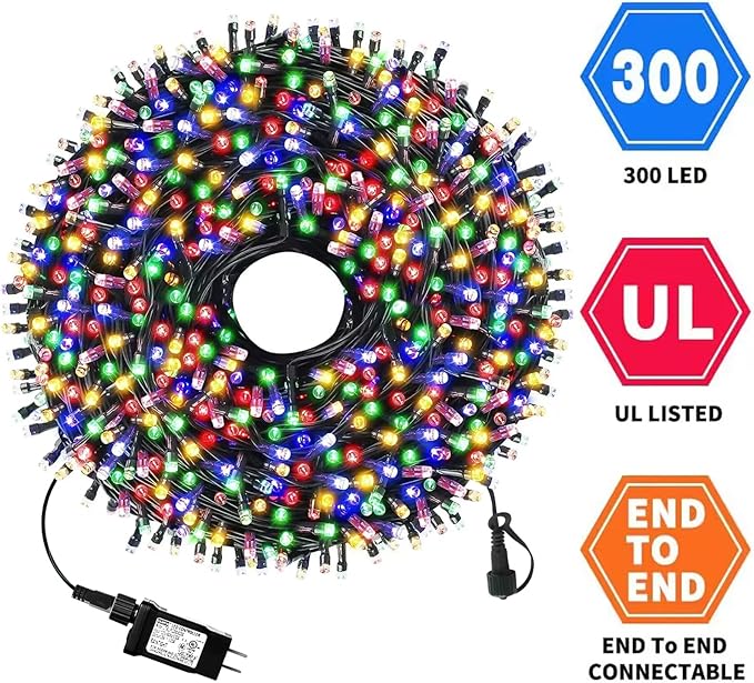 105FT 300LEDs Christmas Lights Outdoor Indoor String Lights 8 Modes Memory Function for Christmas Tree Party Decoration, 100% UL Listed (4 Sets CONNECTABLE) Multi-Color