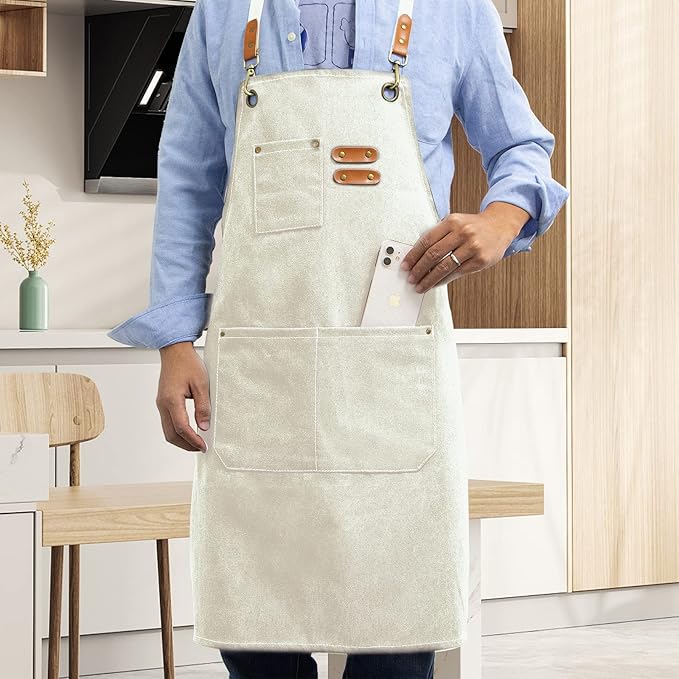Apron for Men Women with Pockets Cotton Canvas Cross Back Heavy Duty Adjustable Work Apron