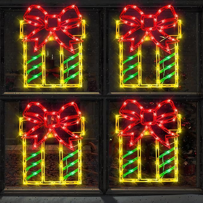16" Christmas Window Silhouette Lights Decorations - 4 Pack Christmas Lighted Gift Boxes- Used for Holiday Christmas Trees, Wall, Fireplaces, Interior and Exterior Door and Window Decorations