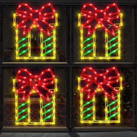 16" Christmas Window Silhouette Lights Decorations - 4 Pack Christmas Lighted Gift Boxes- Used for Holiday Christmas Trees, Wall, Fireplaces, Interior and Exterior Door and Window Decorations