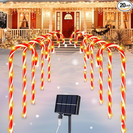 Brightown 20 Packs Solar Candy Cane Lights Outdoor Pathway, 8 Modes LED Outdoor Candy Cane Decorations Yard Lawn Driveway Walkway Sidewalk Christmas Decorations Outside