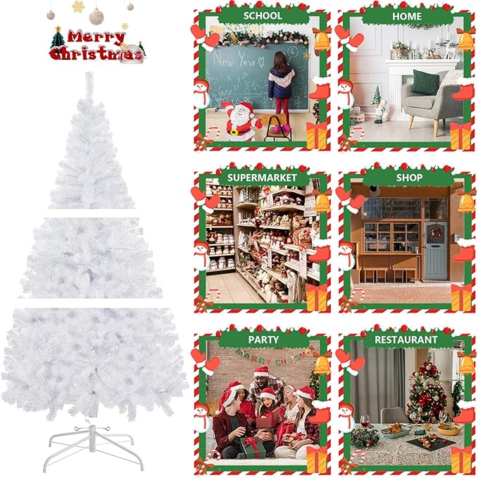 Juegoal 6 FT Artificial Christmas Tree (NOT Pre-Strung) with Remote Control, 300 LED Warm White & Multicolor Changing Lights, Fake Xmas Pine Tree with Metal Legs, 850 Branch Tips, White