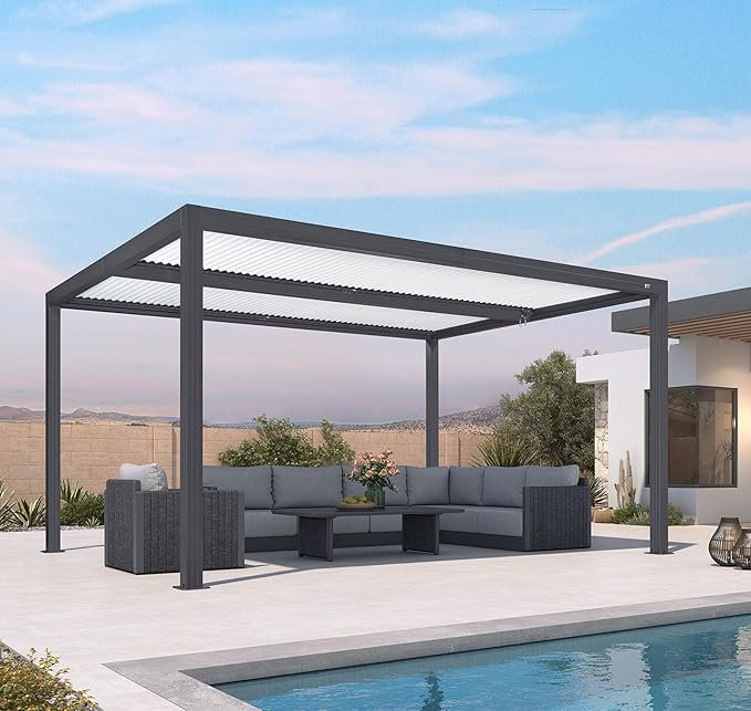 PURPLE LEAF Louvered Pergola 11' x 15' Outdoor Aluminum Pergola with Hidden Drainage System and White Adjustable Sun Shade Roof Patio Hardtop Large Pergolas for Patio Dining Poolside Side Yard