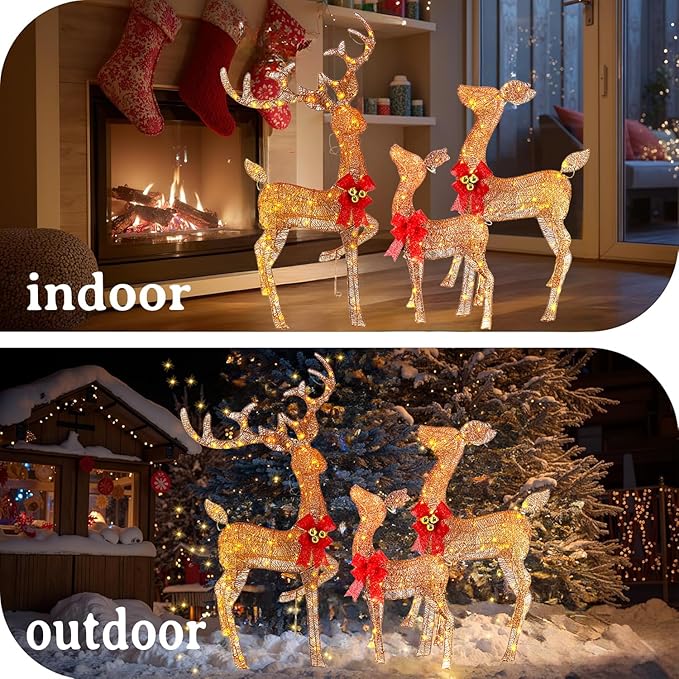 Light Up Christmas Reindeer Outdoor Decor, 240 LED 3-Piece Lighted Family Deer Set. Weatherproof Christmas Yard Reindeer Decoration with Stakes for Outside, Lawn, Garden, Patio, Indoor