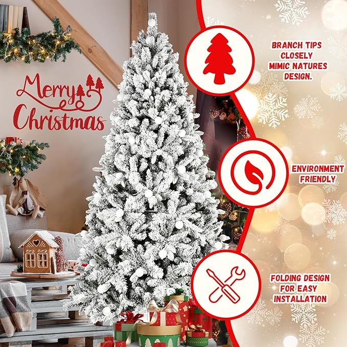 7ft Flocked Christmas Tree with 500 Multi-Color Lights, Pine Cones & 1124 Tips, Auto Hinged Easy Setup Full Prelighted Fake Tree
