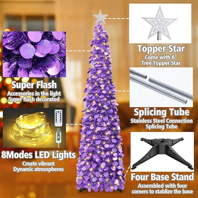HMASYO 6 FT Pop Up Christmas Tree with 100 LED Lights & Remote, Purple Christmas Tinsel Tree, Collapsible Artificial Pencil Tree for Home Office Party Decor, USB Powered Timer Lights, Easy Assembly