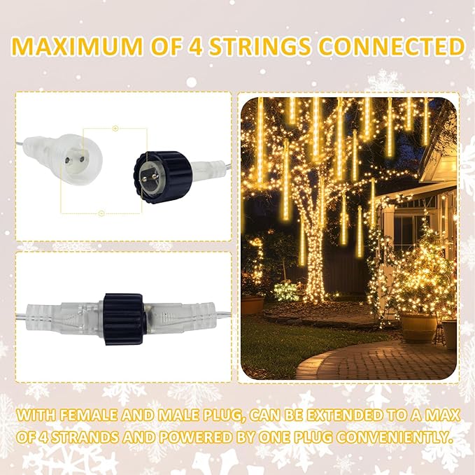 2-Pack Extendable Meteor Shower Christmas Lights Outdoor, 16 Tubes 384 LEDs Waterproof Falling Rain String Lights, Christmas String Lights Outdoor for Tree Patio Garden Holiday Decorations(Warm White)
