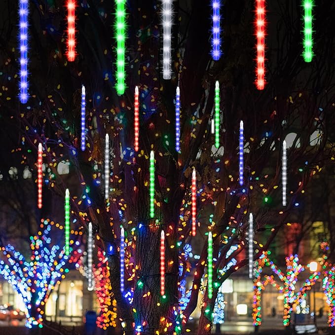 24 Tubes Meteor Shower Lights, Outdoor Icicles Christmas Lights, 12 Inch 864 LED Iciclelights Snow Falling Light, Connectable Raindrop Light, Xmas Wedding Party Tree Holiday Decor, Multicolor