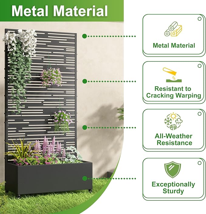 Casaphoria Metal Raised Garden Bed with Trellis and Wheels, 72"x35"x16" Planter Box for Climbing Plants, Vegetables & Vines, Features Drainage Holes and Privacy Screen (Black-Shine)