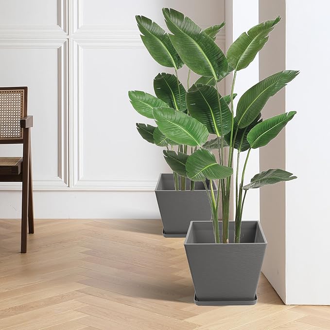 Kozyard 2Packs Taper Planter Indoor Outdoor Plant Pots with Tray Collecting Water for Porch, Patio, Backyard Planters Modern Décor for Tall Plants, Flowers