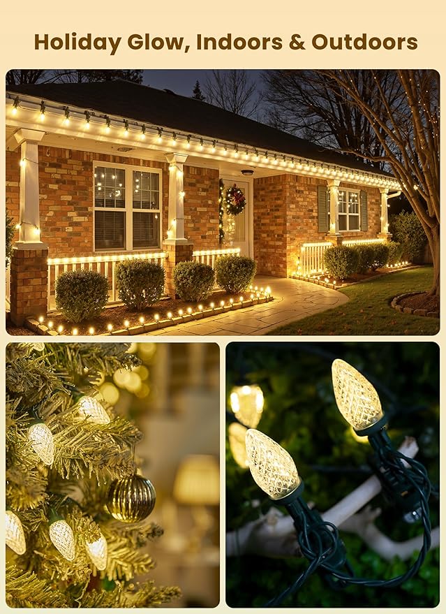 C9 LED Christmas Lights Outdoor, 66 Feet 100 LED C9 String Lights with 100 Spring Clips, Waterproof Connectable Christmas Tree Lights for Outside Roofline Patio Home Xmas Decor, Warm White 2 Pack