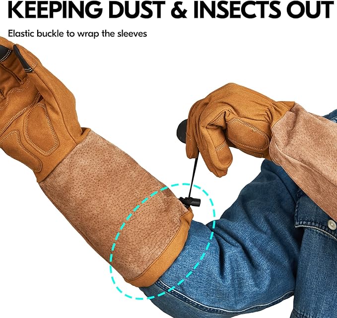 Vgo... Safety Work Gloves Men, Extended Pig Split Leather Cuff,Synthetic Leather, Rose Pruning Thorn Proof,Gardening (1 Pair,Size XL, Brown,SL6592M)